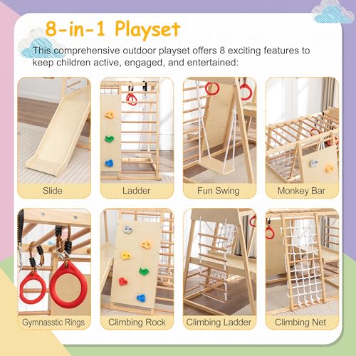 8-in-1 Wooden Indoor Jungle Gym for Toddlers, Montessori Climbing Playset with Slide, Swing, Climbing Net, Rings, Monkey Bars – Indoor Playground for Kids Ages 3-8 - size: 8-in-1