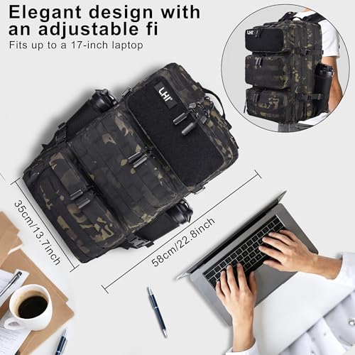 LHI Tactical Military Backpack for Men and Women 25L/35L Army Assault Pack Bag Small Rucksack with Bottle Holder - color: 50l-shoe Compartment(blackcp), size: Large