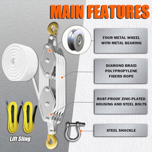 YATOINTO Rope Pulley Hoist 4400 LB, Pulley Block with 3/8" Shackle and 2PCS Lift Sling, 8:1 Lifting Power Block and Tackle Pulley System, 65ft Heavy Duty Rope Hoist for Garage Warehouse Constructions - color: White, size: UPGRADED-4wheels+2lift sling&1sha