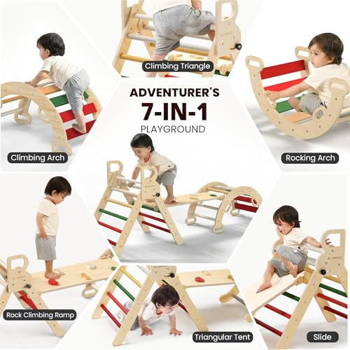 BlueWood Pikler Triangle Set, Toddler Climbing Toys Indoor 7in1 Foldable | Wooden Climber for Kids, Montessori Philosophy Play Jungle Gym with Arch, Ramp, Ladder (Warm Winter Christmas) - color: Warm Winter Christmas