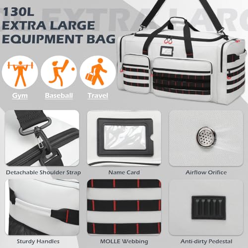 135L Extra Large Duffle Bag, Heavy Duty Sports Gym Travel Duffel Bag | for Basketball, Baseball, Hockey, Football, Helmets, and Pads - color: Grey