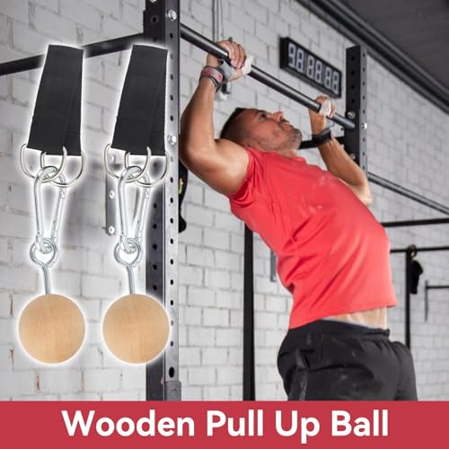 HERCHR Rock Climbing Training Pull Up Ball Hold Grips, Wooden Non-Slip Hand Grips Balls & Straps for Strength Training, Forearm and Chin Up Bar, Kettlebell, Barbell, Home Gym Workout