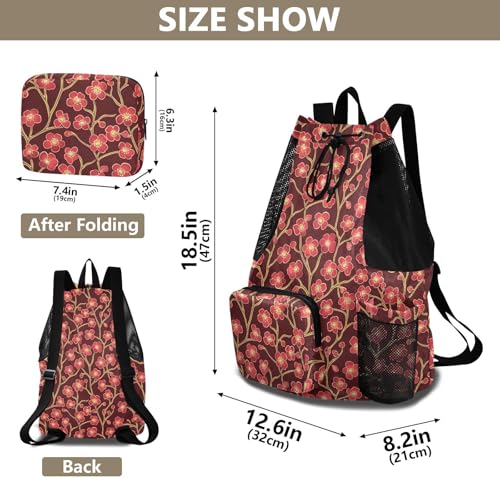 Draw String Back Bag Climbing Gym Bag With Pockets Pull String Bag Waterproof Cherry Blossom Red Brown