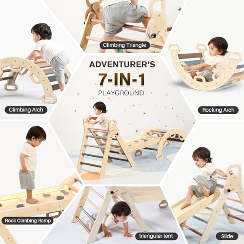 BlueWood Pikler Triangle Set with Safe Handle, Climbing Toys for 1-3 Year | Foldable 7-in-1 Montessori Toddler Climbing Toys Indoor, Wooden Pickler Climbing Set, Baby Jungle Gym & Playground, Pink - color: Mauve Pink