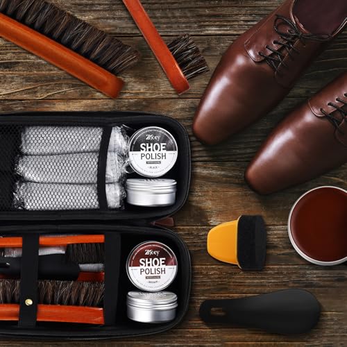 17Pcs Leather Shoe Polish Set Travel Boots Shine Care Kit Horsehair Brushes for Men Him Husband Dad (Style A)