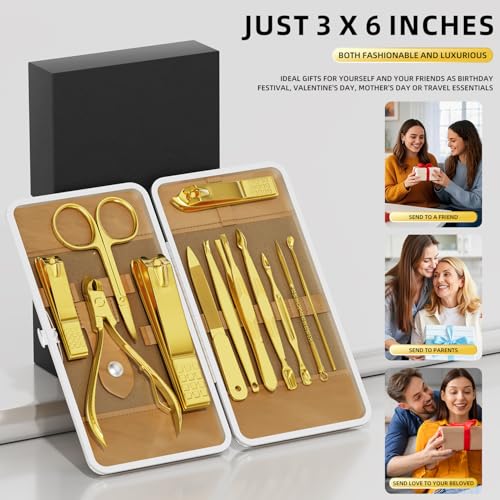 Manicure Set, Stainless Steel Nail Clipper Set with Travel Case | 12-Piece Set with Thicker Steel, Precision-ground Cutting Edges, and Smooth-finished Tools for Clean, Precise Trimming. - color: Gold