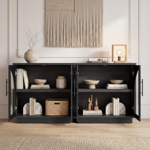 Fatmok Arched Glass Sideboard Buffet Accent Cabinet, 31.5" Display Credenza with Adjustable Shelf,1-Piece Modular Coffee Station Storage for Kitchen Living Room Bedroom, Black Grey - color: D-black Grey