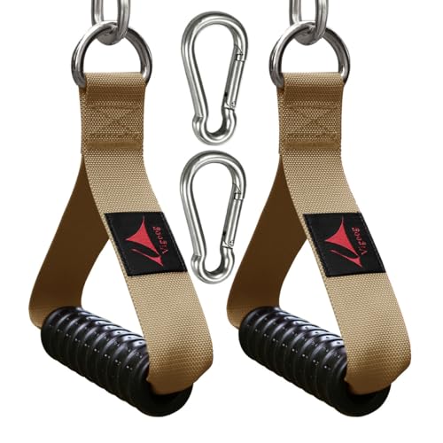 Heavy Duty Gym Exercise Handles Attachment for Cable Machine,Resistance Band,Pulley System Home Fitness Workout Equipment, with Elastic Rubber Grip and 2 Large Carabiners - color: Noble Khaki