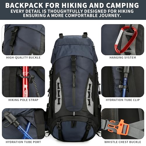 75L Hiking Backpack with Rain Cover Waterproof Camping Backpack Shoes Warehouse for Men Women, Frameless - color: Navy, size: 60L