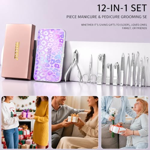 Manicure Set, Stainless Steel Nail Clipper Set with Travel Case | 12-Piece Set with Thicker Steel, Precision-ground Cutting Edges, and Smooth-finished Tools for Clean, Precise Trimming. - color: Silver and Purple