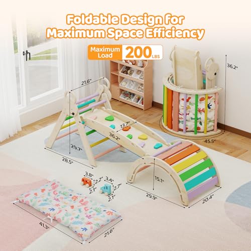 Pikler Triangle Set with Cushion, 7-in-1 Foldable Toddler Climbing Toys, Indoor Playground for Kids, Montessori Climbing Set Gift, Wooden Baby Jungle Gym, for Toddlers 1-3 (Rainbow) - size: 7-in-1 with Cushion