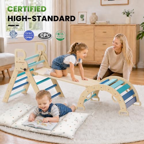 BlueWood Pikler Triangle Set with Cushion, Wooden Climbing Toys for Toddler | Foldable 8-in-1 Montessori Philosophy Toddler Climbing Toys Indoor with Reversible Ramp, Arch and Ladder - Sky Blue - color: Sky Blue