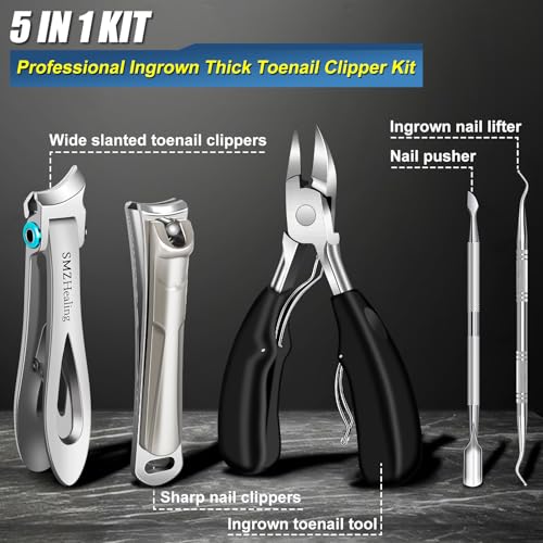 Toenail Clippers for Seniors Thick Toenails, 2026 Large Toe Nail Clippers for Men Thick Nails with Wide Opening, Sharp Heavy Duty Ingrown Toenail Clippers Nail Cutter Long Handle with Slanted Blade - color: Sliver&black 5pcs
