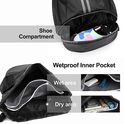 Hoedia Sports Drawstring Backpack - String Swim Gym Bag with Shoes Compartment and Wet Proof Pocket for Women&Men | String Bag with Shoes Compartment and Wet Proof Pocket, Adjustable Wider Shoulder Strap, For Soccer, Basketabll, Volleyball - color: Black,