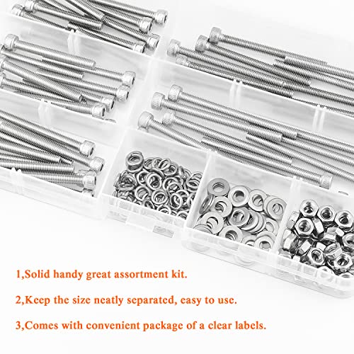 HELIFOUNER 200 Pieces M4 x 30mm /35mm /40mm /45mm /50mm, Hex Socket Head Cap Metric Screws Bolts Washers Nuts Kit, 304 Stainless Steel - size: M4 x 30/35/40/45/50mm