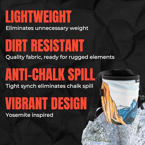 Rock Climbing Chalk Bag | for Outdoor, Gym, & Bouldering | Adjustable Waist Belt, Durable Drawstring Closure, & Zippered Pocket - style: Yosemite Valley