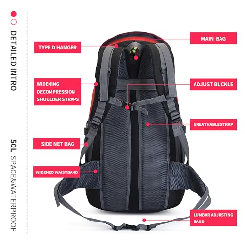 Bseash 50L Hiking Backpack, Water Resistant Lightweight Outdoor Sport Daypack Travel Bag for Camping Climbing Skiing Cycling (Red - No Shoe Compartment) - color: Red - No Shoe Compartment