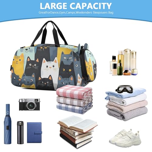 Kids Sports Duffel Bag for Boys & Girls - Cartoon Cat Patterns 100% Polyester Gym Bag with Separate Shoe Compartment, Adjustable Shoulder Strap, Compact Travel & Workout Gear Bag - color: Cartoon Cat Patterns