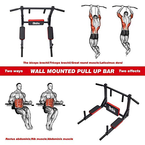BESTHLS Wall Mounted Pull Up Bar and Dip Station, Heavy Duty Wall Mount Pull-up Chin Up Bar Multifunctional Home Gym Workout Indoor Exercise Equipment Support to 440 Lbs - style: Pull-up & Dip Station
