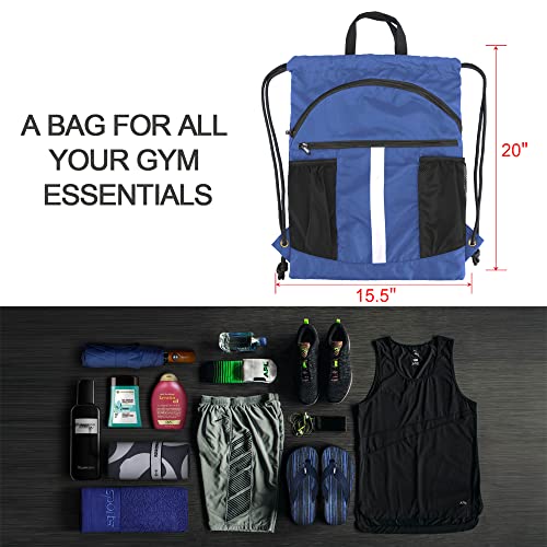 BeeGreen Drawstring Backpack Bag with Shoe Compartment, X-Large Black Gym Sports String Cinch Backpack - color: Royal Blue