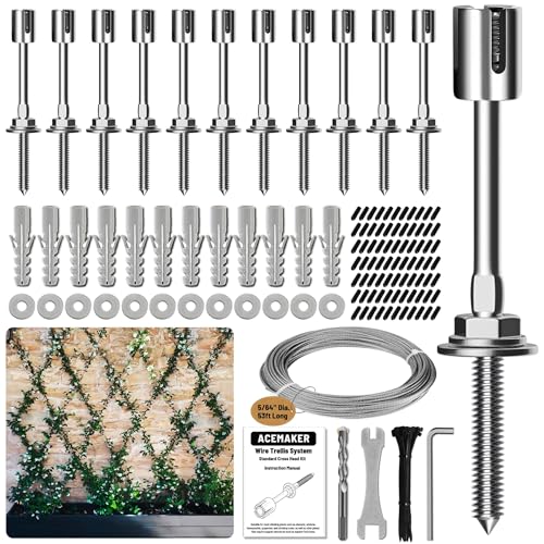Wire Trellis Kit, 12-Set 5/64” (2mm) Crosshead Kit with 53ft Cable | T316 Marine Grade Stainless Steel, Wall-Mounted Cable Trellis for Climbing Plants Outdoor, Garden Fence Espalier System - size: 12 Sets