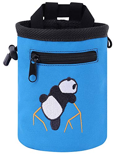 AMC Rock Climbing Panda Embroidered Chalk Bag with Zipper Pocket - color: Blue
