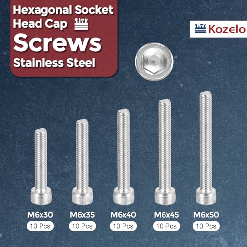50pcs M6 Socket Head Cap Screws Bolts Nuts Assortment Kit - [M6x30/35/40/45/50mm] 304 Stainless Steel Allen Socket Drive for 3D Printer - size: M6x30/35/40/45/50mm