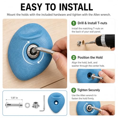 36 Pack Rock Climbing Holds with M10 Hardware, Textured Resin Wall Grips | Assorted shapes for route setting; fits garage & home gym wood walls; 230lb capacity; adult install required