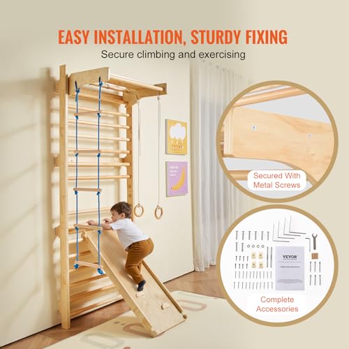 VEVOR Swedish Wall Gym, 15-Level 5 in 1 Wooden Indoor Jungle Gym, 220 lbs Load Capacity Playground Climbing Toys with Pull-Up Bar, Gymnastic Rings, Wall Ladder, Rope Ladder, and Slide Board - style: 15-Level 5 in 1