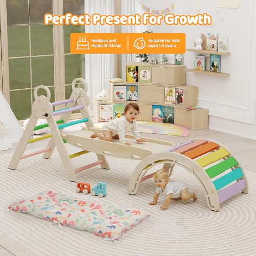 Pikler Triangle Set with Cushion, 7-in-1 Foldable Toddler Climbing Toys, Indoor Playground for Kids, Montessori Climbing Set Gift, Wooden Baby Jungle Gym, for Toddlers 1-3 (Rainbow) - size: 7-in-1 with Cushion