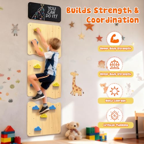 Wooden Climbing Wall for Kids, Indoor Climbing Wall Panels with 12 Rock Holds, Montessori Climbing Toy for Playroom & Home Gym, Aged 3+