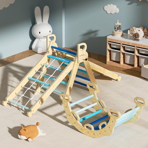 BlueWood 2025 8-in-1 Pikler Triangle Climbing Set Toddler Toys Indoor Baby Jungle Gym Climber Playground for Kids - Sky Blue - color: Sky Blue