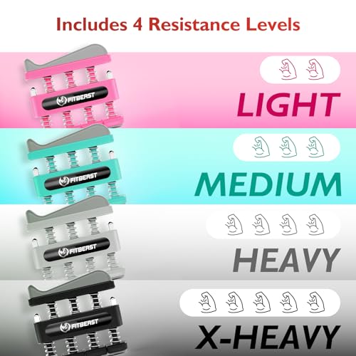 FitBeast Finger Strengthener, Finger Exerciser, Hand Exerciser for Improve Dexterity and Strength in Fingers, Hands, Forearms–Grip Strength Trainer for Musicians, Climbers - color: 4 Piece Set -Pink Light Blue Grey Black