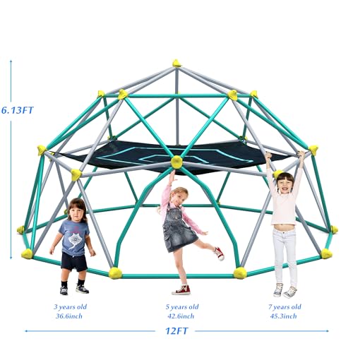 Merax 12FT Climbing Dome with Hammock, Outdoor Geometric Dome Climber | Playground Climber for Kids 3-10 Supporting 1000 lbs, Easy Assembly Play Center Jungle Gym - style: 12FT Green & Silver