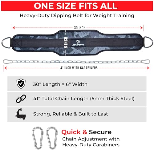 AQF Dip Belt with 36" Steel Chain - Neoprene Padded Back Support Belt | Secure Carabiners for Weighted Pull ups, Dips, Gym, Powerlifting, Bodybuilding, Squat & Fitness - color: Grey Camo