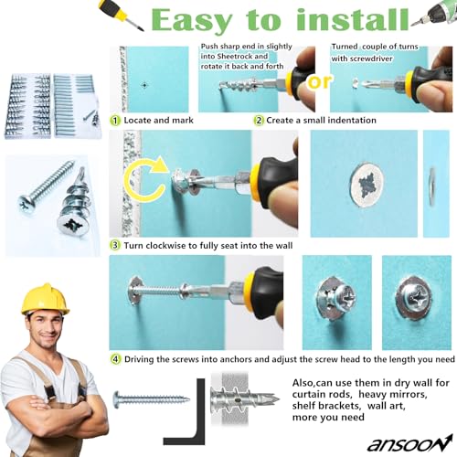 #8 Metal Zinc Self Drilling Hollow Metal Wall Anchors and Screws Kit | 10 No Pre Drill Hole Required Heavy Duty Drywall Anchors, 10 #8 x 1-1/4'' Screws for Drywall Hanging/Mounting-Hold Upto 75lbs - size: Silver Metal
