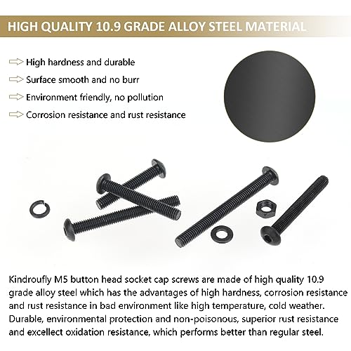 202 Pieces Black M5 x 30/35 /40/45 /50 mm Button Head Socket Cap Screws Nuts Washers Assortment Kit, 10.9 Grade Alloy Steel - size: M5 x 30/35/40/45/50mm, style: Button Head