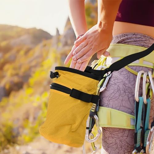 Climbing Chalk Bag with Anti-Leak Drawstring, 420D Oxford Gym Chalk Container for Rock Climbing Bouldering Weightlifting, Adjustable Belt Large Opening Storage(Yellow) - size: Yellow