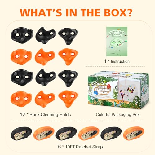 TOPNEW 12 Ninja Tree Climbing Holds for Kids Climber, Orange & Black Tree Climbing Kit with 6 Ratchet Straps for Outdoor Ninja Warrior Obstacle Course Training - style: 12 Pcs Orange & Black 1