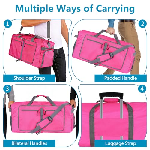 60L Duffle Bag with Shoes Compartment - Foldable&Large Capacity Travel Duffel Bags, Lightweight & Water-Resistant Gym Bag - Rose - color: 60L-Rose