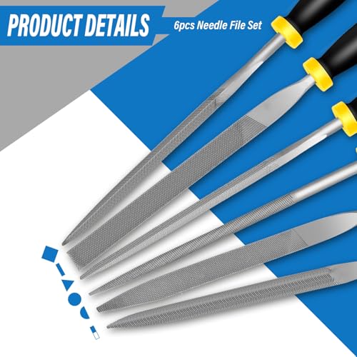 6PCS Metal Needle File Set, 6.3-Inch Mini Hand Files for precision repairs | Upgraded Hardened High-Strength Steel Set, Includes Warding, Round, Flat, Triangular, Square & Half-Round Files