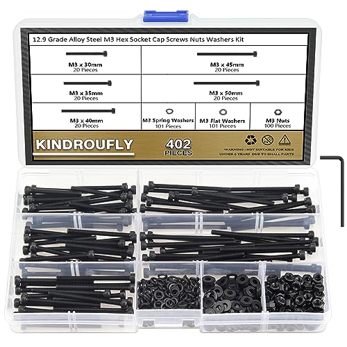 402 Pieces Black M3 x 30/35 /40/45 /50 mm Hex Socket Head Cap Screws Nuts Washers Assortment Kit, 12.9 Grade Alloy Steel - size: M3 x 30/35/40/45/50mm, style: Socket Head