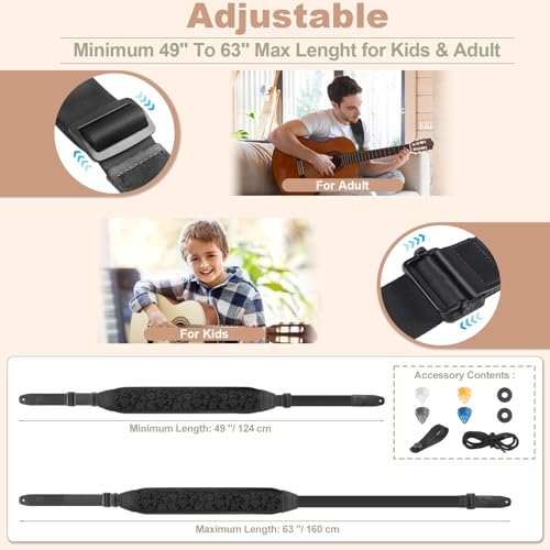 Guitar Bass Strap, Embroidered Electric Guitar Strap, Double Adjustable Buckle, Length Adjustable from 49" to 63", Equipped with 3" 3D Foam Padding, Suitable for Taller Guitarists, Black. - color: Black Embroidery(49"-63")