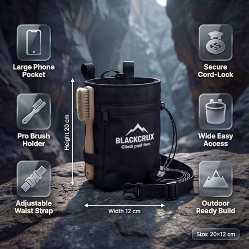 Chalk Bag for Rock Climbing, 600D Cordura Climbing Chalk Bag with Stiff Rim, Water-Resistant Design, Zippered Pocket, Adjustable Belt & Brush Holder, for Bouldering, Gym, Weight Lifting