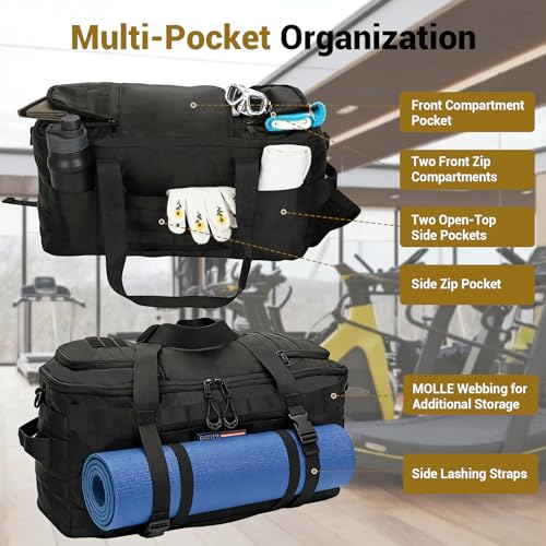 kokkoya Tactical Gym Bag for Men 40L Tactical Duffel Bag Backpack Gym Bag Large With MOLLE Water Resistant 600D Degree Full Opening Powerlifting for Travel Crossfit Football