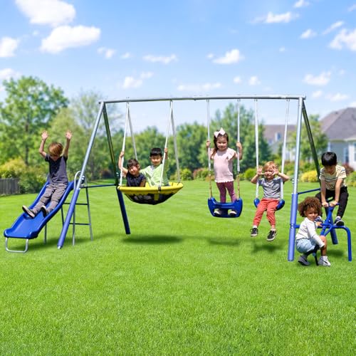 Sportspower Taylor 700lbs Galvanized Metal Swing Set for Kids for Backyard & Outdoors with Teeter-Totter, Saucer & Standing Swings, & 5ft Slide, 7.55' D × 13.88' W × 6.07' H, Bonus Anchor Kit