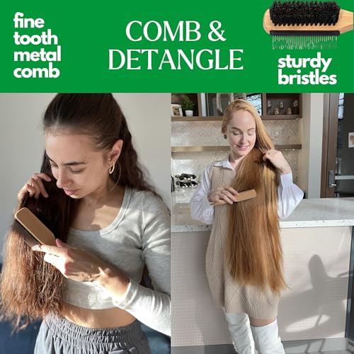 GranNaturals Boar Bristle Slick Back Hair Brush w/ Comb for Smoothing Sleek Ponytail Bun - Wide Rat Tail & Metal Comb Hairbrush for Parting, Teasing, Backcombing, Sectioning, Edge Control, Flyaways