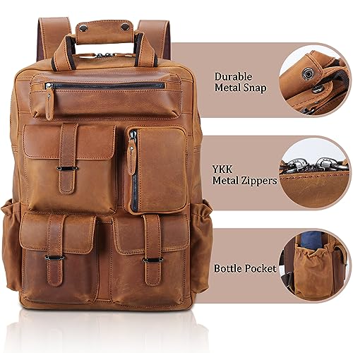 Polare Cowhide Leather Multiple Laptop Backpack Day Pack Travel Bag Satchel For Men - color: Light Brown