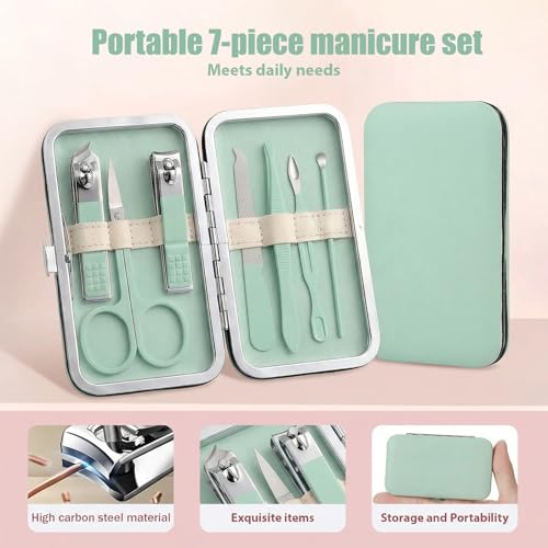 Manicure Kit for Women Men-Manicure Set with Case, Nail Clippers, Portable Nail Care Kit for Travel Home Personal Grooming（Matcha Green 7 in 1） - color: Green2