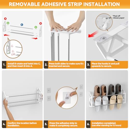 Hanging Shoe Rack,3 Pack Wall Mounted Shoe Rack with Adhesive Slim Shoe Shelf Hanging Organizer Holds 12 Pairs of Shoes Space Saving for RV Camper Entryway White